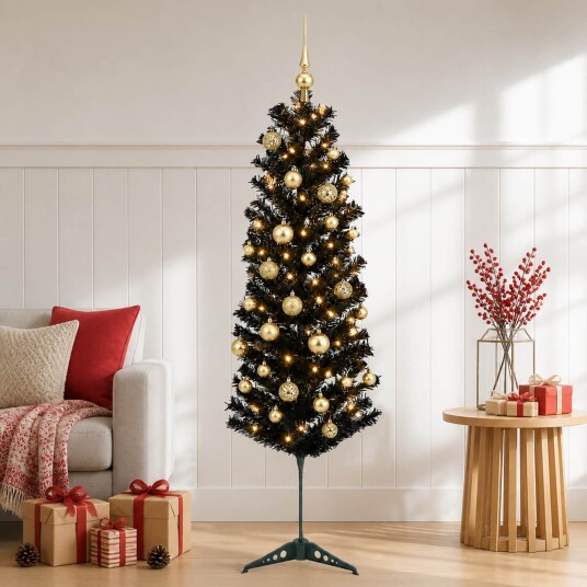 vidaXL Kunstig smalt juletre med julekuler 150 cm 150 LED-lys Varmhvit