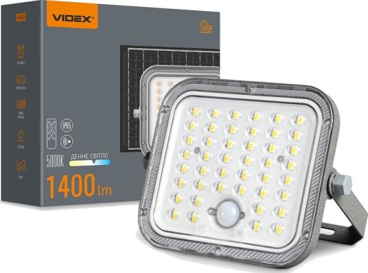 Videx 20W LED solcelle lyskaster med sensor   1400lm IP65 5000K grå utendørs   Dimbar : Via fjernkontroll Kulør : Nøytral