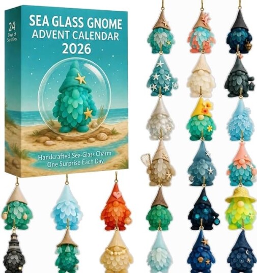 Sjøglass Nisse Adventskalender 2026 Kystinspirerte Juletrepynt 24 dagers nisse nedtellingskalender med sjøglass stil ornamenter