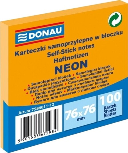 Donau Selvklebende Blokker 76X76 Mm 1X100 Ark Neon Oransje 7586011 12