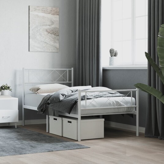 vidaXL Sengeramme i metall med hode- og fotgavl hvit 90x190 cm 8721012191150