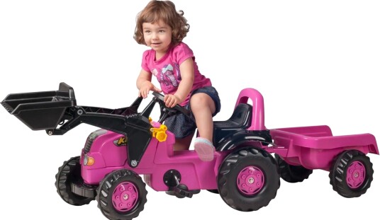 Rolly Toys rollyKid: Rosa tråtraktor med frontlaster og tilhenger