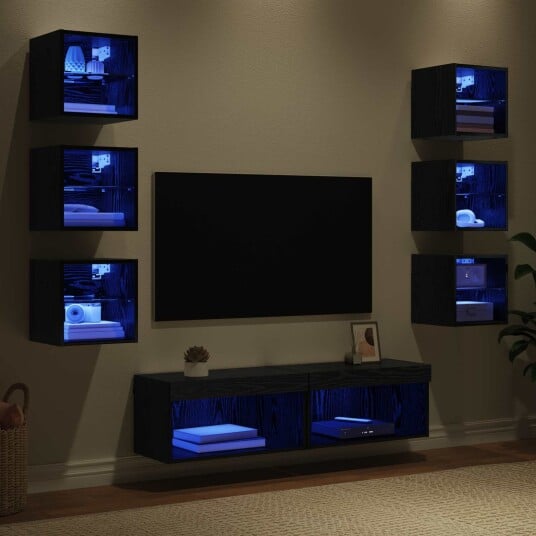 TV skap med LED stripelys med skuff 8 pcs Svart Eik Glass TV skap med LED stripelys med skuff 8 pcs Svart Eik Glass