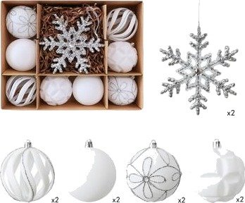 Julekulesett med flokk og snøfnugg – 8 cm/16 cm – 10 stk. – Hvitt Julekulesett med flokk og snøfnugg – 8 cm/16 cm – 10 stk. – Hvitt