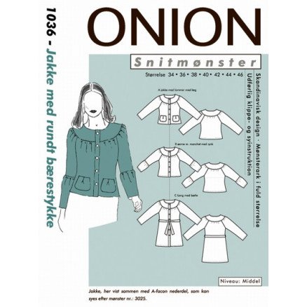 ONION Snittmønster 1036 Jakke med Rundt Bærestykke Str 34 46 ONION Snittmønster 1036 Jakke med Rundt Bærestykke Str 34 46