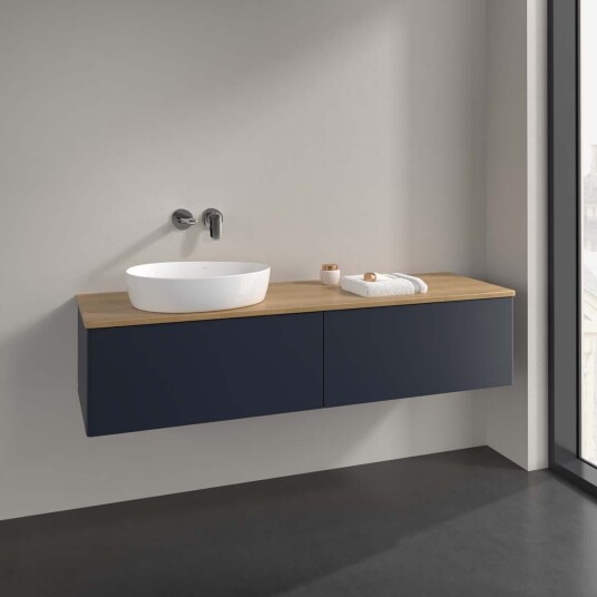 Villeroy & Boch Antao Servantskap med 2 skuffer 160x50x36 cm m/lys Blå Matt/Eik Villeroy & Boch Antao Servantskap med 2 skuffer 160x50x36 cm m/lys Blå Matt/Eik