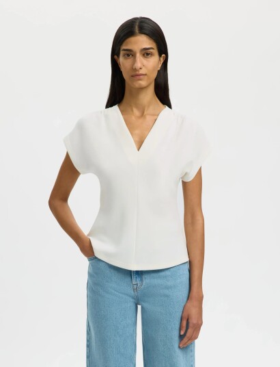 Selected Slftenny Ss V Neck Gathered Top Noos   White   XL