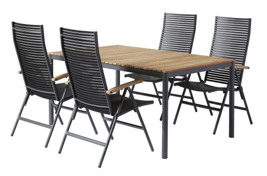 Cinas Mood matgruppe Antracitt/svart med teak 4 Posisjonsstoler og bord 167,5x100 cm