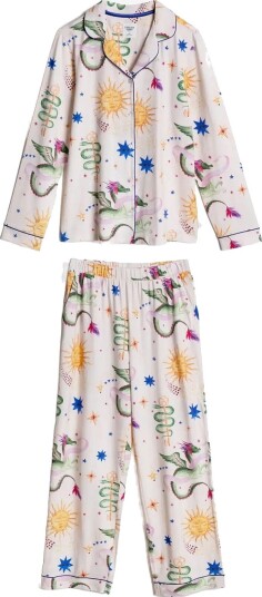 Chelsea Peers Organic Cotton Mythical Dragon Print Long Pyjama Set   OFF WHITE   14