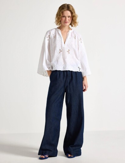 Lindex Wide Denim Trousers With Elastic Waist   Navy   40/42