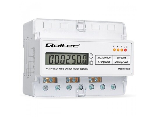 Qoltec Trefaset Elektronisk Energimåler DIN Skinne 100A