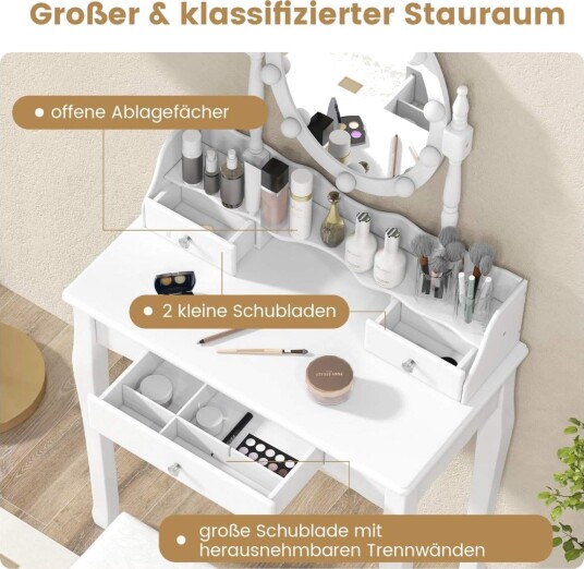Sminkebord med LED belysning justerbar lysstyrke sminkebord med 3 skuffer hvit