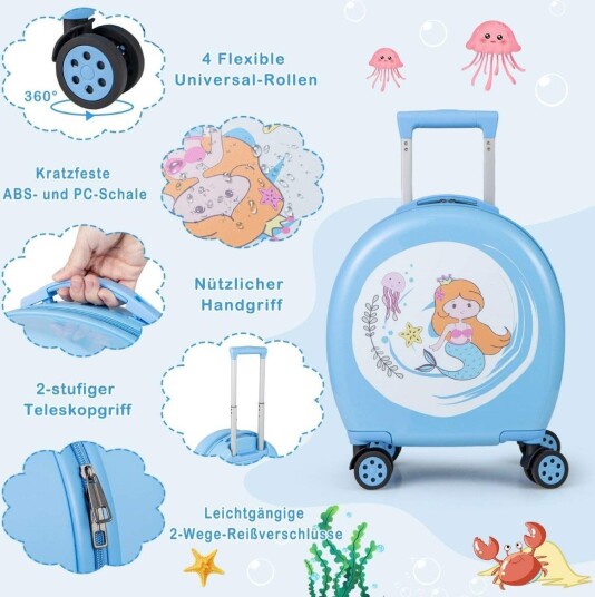 4-delt barnekoffert + ryggsekk 10"+14" barnevogn med hjul blå