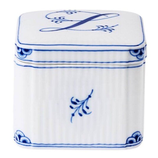 Royal Copenhagen Alphabet Collection firkantet bonbonniere L 13 cl blå/hvit