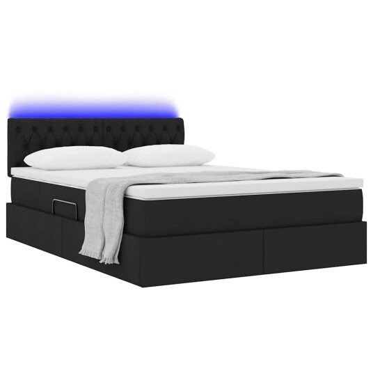 Seng med lagring og LED med madrass Svart 140 x 190 cm stoff