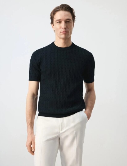 Mango Cable Knit T Shirt 100% Cotton Navy XXL Mango Cable Knit T Shirt 100% Cotton Navy XXL