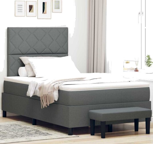 Box Spring Seng med Madrass & Benk Mørk Grå 120x200 cm Stoff