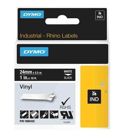 DYMO Rhino industri vinyl tape, 24 mm x 5.5 m rull, hvit p sort, selvklebende DYMO Rhino industri vinyl tape, 24 mm x 5.5 m rull, hvit p sort, selvklebende