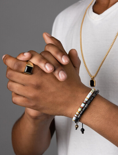 Nialaya Men"s Golden Brick Signet Ring With Agate - Gold - 59