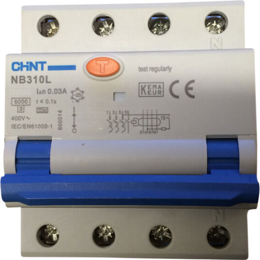 Chint JORDFEILAUTOMAT 3+N P 10A B-KAR 30 mA 6kA 4 mod TN 400V - 1600483