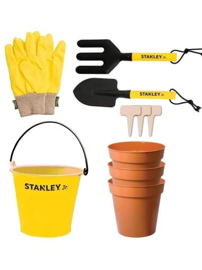 Stanley Jr 10 Piece Garden Tool Set: Hand Trowel Hand Fork Pail Gloves 3 x Garden Plant Label 3 x Garden Plastic Pot