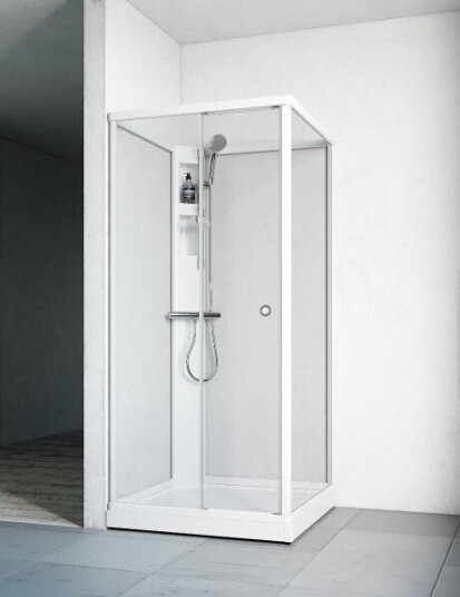 Macro Flow Front Dusjkabinett, m/armatur 81x81 cm, Hvit/Ice glass, Hvit bakvegg