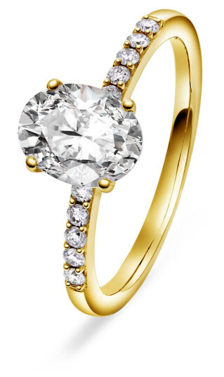 Julie ring i 375 gult gull med diamanter 0,12 ct og moissanite sten., størrelse 52