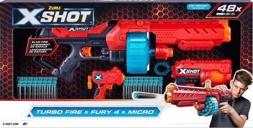 Skumpile-Blaster Pakke Zuru X-Shot Excel Combo Pack Turbo Fire + Fury 4 + Micro Affyringsrampe 48 Dartpile 36345