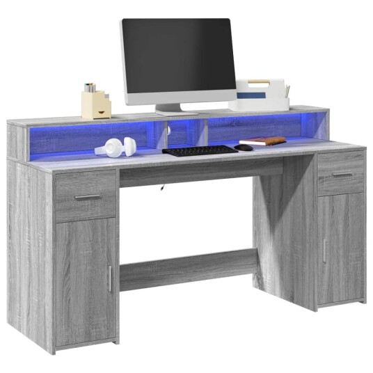 Skrivebord med LED-lys grå sonoma 160x55x91 cm konstruert tre