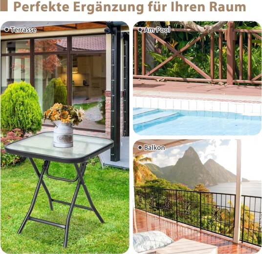Sammenleggbart terrassesidebord firkantet glassbord med rustfri ramme sort Sammenleggbart terrassesidebord firkantet glassbord med rustfri ramme sort