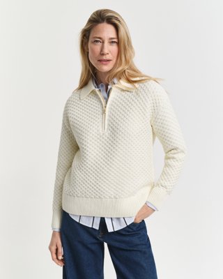 Gant Teksturert bomullsgenser med halv glidelås CREAM XS