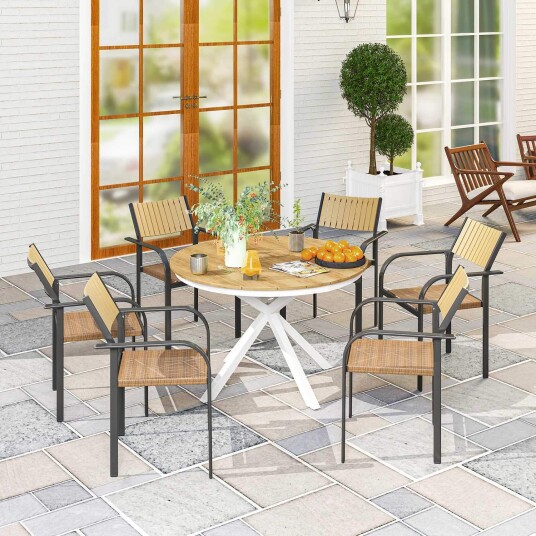 Hagebord Ø118cm værbestandig balkongbord laget av aluminium sidebord med kryssbein lamelldesign utendørs spisebord campingbor Hagebord Ø118cm værbestandig balkongbord laget av aluminium sidebord med kryssbein lamelldesign utendørs spisebord campingbor