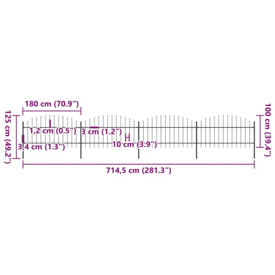 vidaXL Hagegjerde med spydtopp stål 1 1,25x6,8 m svart