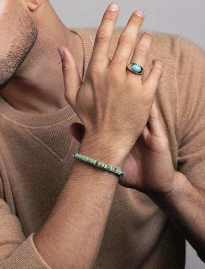 Nialaya Men"s Hexagon Beaded Bracelet With Green Turquoise And Silver   Green   L