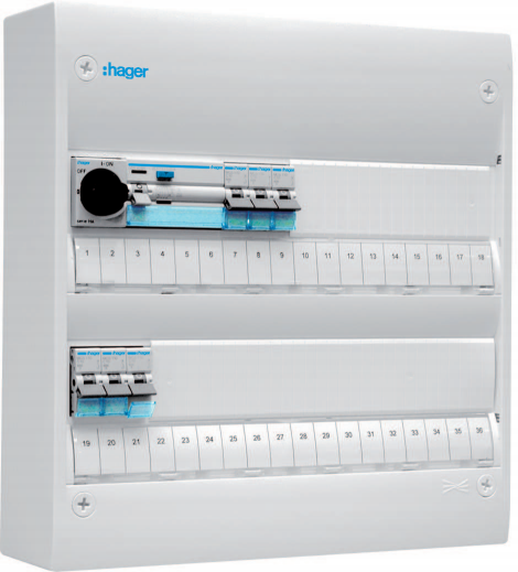 Hager GD218SF Sentralapparat Type: Gamma IP30 2 x 18 moduler Elfordeling & strømforsyning