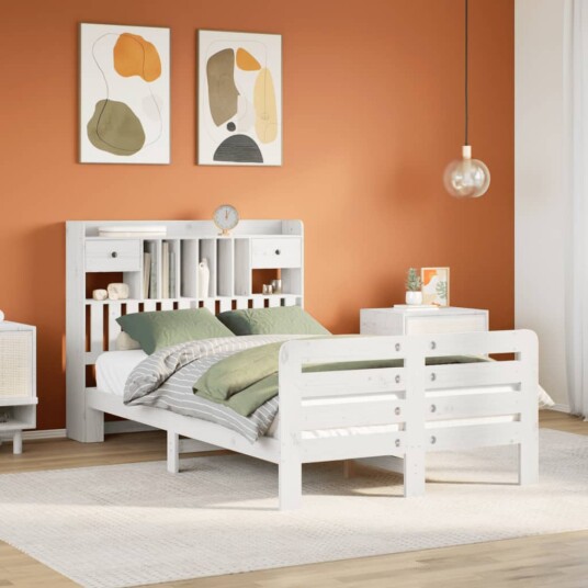 Seng med bokhylle uten madrass hvit 135x190 cm heltre furu 8721158411624