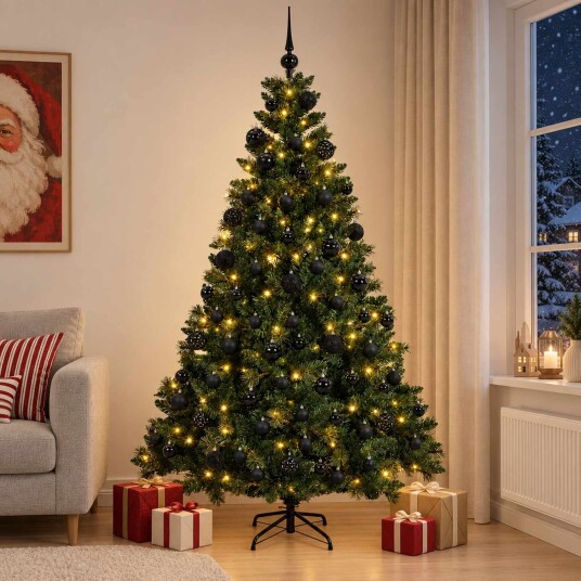 vidaXL Kunstig juletre med kuler 210 cm 300 LED-lys Varmhvit