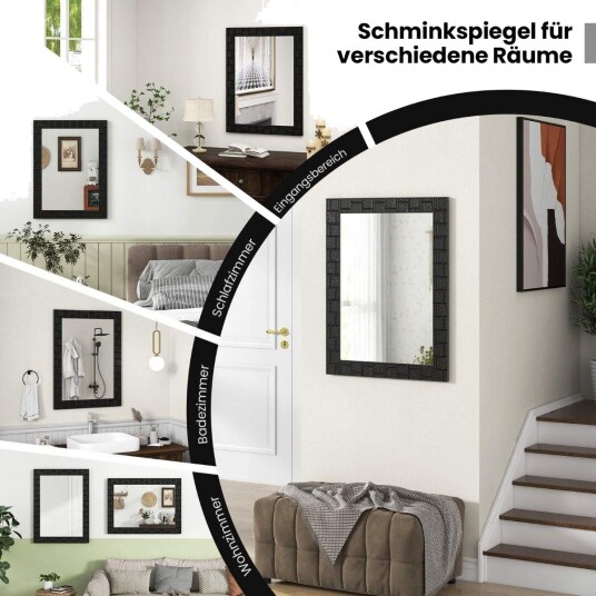 80 x 60 cm veggspeil laget av gummitre med massiv treramme baderomsspeil kosmetikkspeil svart