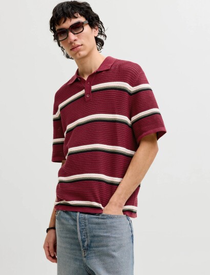 Jack & Jones Jormaine Knit Stripe Polo Sn Burgundy S