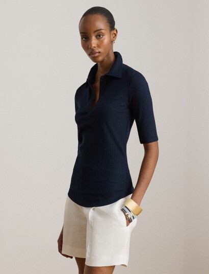 Lauren Ralph Lauren Rib Knit Elbow Sleeve Polo Tee Navy XS