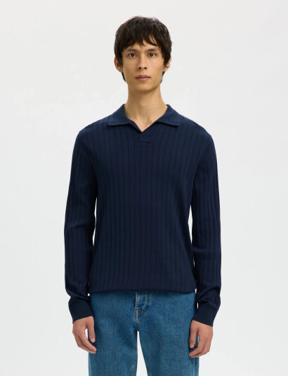 Selected Slhtorino Ls Knit Open Stitch Polo Navy XXL