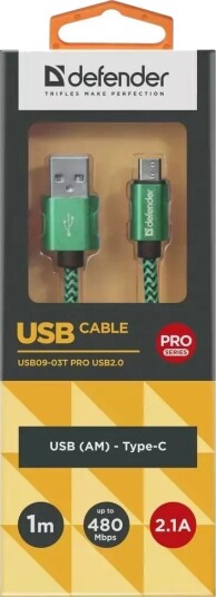Usb-Kabel Defender Am-Type C 1 M 2,1A Grønn-Svart