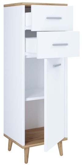 Lindas kommode 1 dør 2 skuffr hvit, eik dekor.
