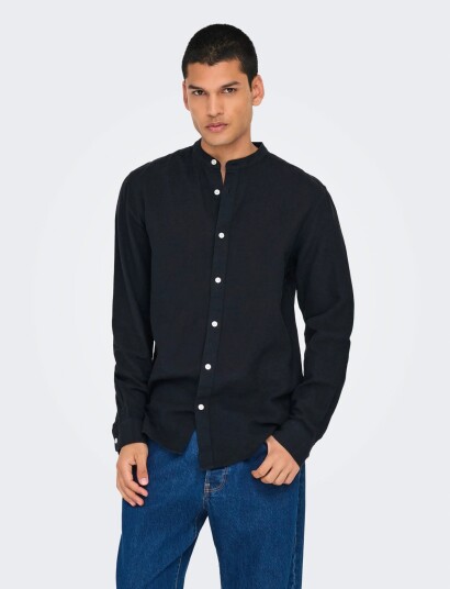 ONLY & SONS Onscaiden Life Ls Linen Blend Mao Noos   Black   XL