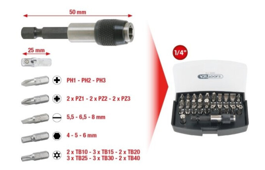 Ks Tools 32-delt Skrutrekkerbits Sett, Nickel, ISO 1173 C 6,3, 25 mm, Håndverktøy