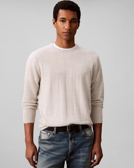 Calvin Klein Ls 100% Merino Textured Grid Cre Cream L