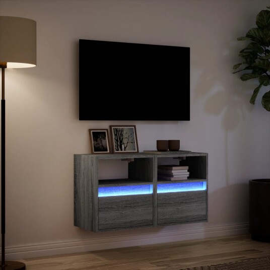 Vegghengte TV-benker med LED 2 stk grå sonoma 41x31x45 cm 852324