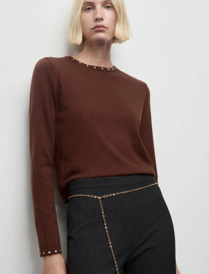 Mango Studded Knitted Sweater - Brown - M