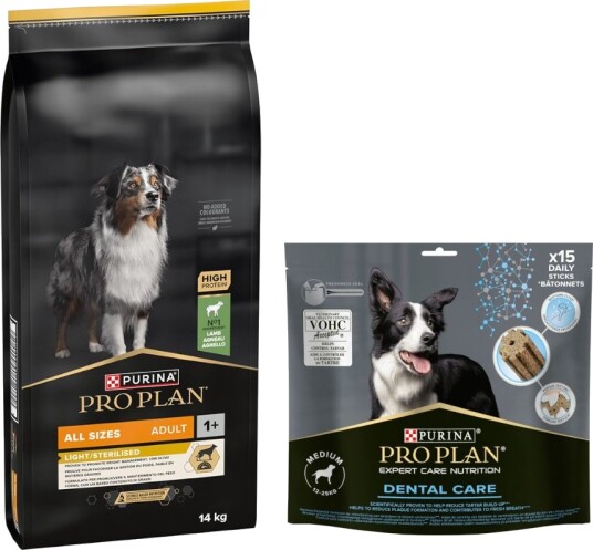 Pro Plan tørrfôr Adult PURINA + Dental Care Medium Dog på kjøpet All Sizes Light Sterilised lam 12 kg 14 kg 345 g 14 kg