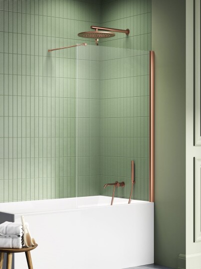 NEW SOLEO Fast Badekarvegg med vinkelrett beslag i Børstet Kobber Copper Brushed 80x140 NEW SOLEO Fast Badekarvegg med vinkelrett beslag i Børstet Kobber Copper Brushed 80x140